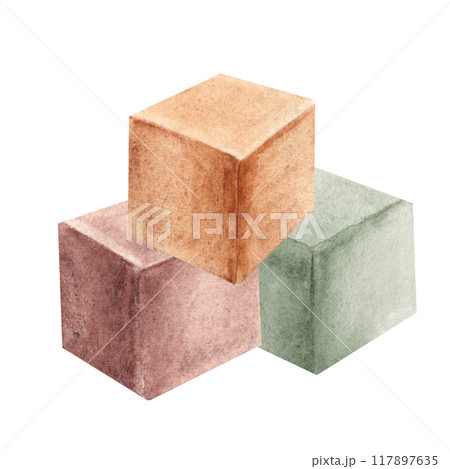 Eco baby toys. Composition of Wooden cubes. Watercolor hand drawn illustration isolated on white background. Clip art for kids products, shop advertisement, cards for baby shower or newborn greeting. 117897635