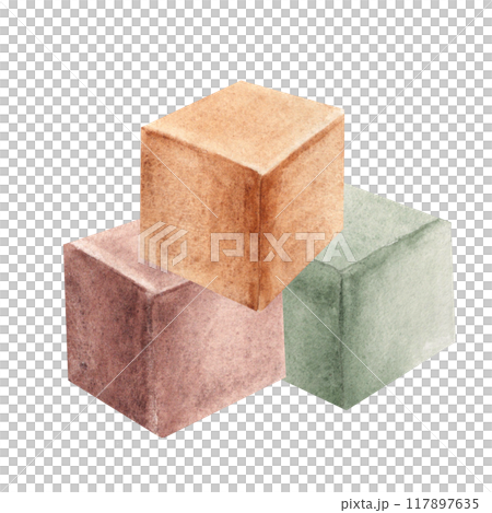 Eco baby toys. Composition of Wooden cubes. Watercolor hand drawn illustration isolated on white background. Clip art for kids products, shop advertisement, cards for baby shower or newborn greeting. 117897635