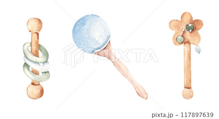 Set of Wooden Eco Baby Toys. Rattles in blue, green and beige tones. Watercolor hand drawn illustration isolated on white background. Clip art for Kids goods, tags, Baby Shower invitations and Newborn Set of Wooden Eco Baby Toys. Rattles in blue, green and beige tones. Watercolor hand drawn illustration isolated on white background. Clip art for Kids goods, tags, Baby Shower invitations and Newborn 117897639