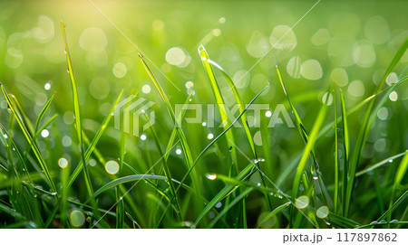 Morning Dew Glistens on Vibrant Green Grass Morning Dew Glistens on Vibrant Green Grass 117897862