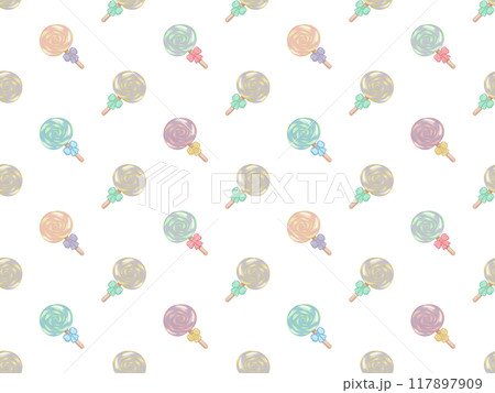 Seamless patterns of candies and lollipops, pastel color hand drawn on transparent background. 117897909