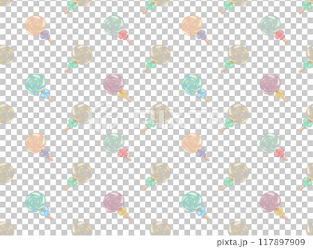 Seamless patterns of candies and lollipops, pastel color hand drawn on transparent background. 117897909