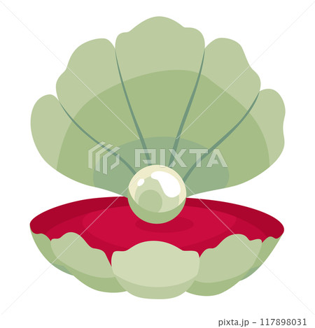 Pearl in seashell. Open seashell scallop and pearl shell icon. Beautiful pearl in clam shell in cartoon flat style. Vector illustration isolated on white background Pearl in seashell. Open seashell scallop and pearl shell icon. Beautiful pearl in clam shell in cartoon flat style. Vector illustration isolated on white background 117898031