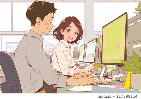 話しながら資料を作っていくビジネスパーソン男女_1 117898114