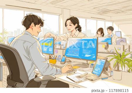 資料作成中のデータサイエンティストの席に打ち合わせに来た女性_1 117898115