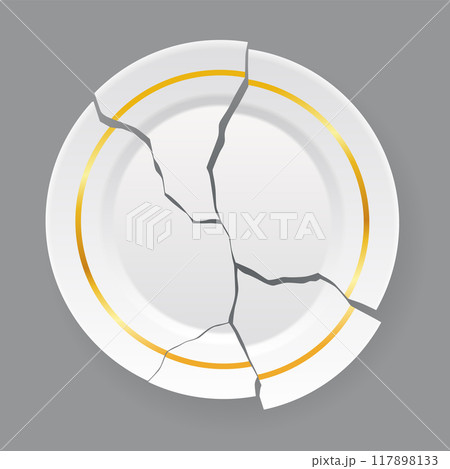 Broken white plate. Shattered food plate, cracked porcelain dish. Dishware with damage. Icon isolated on white background. Vector illustration 117898133