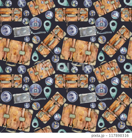 Travel objects suitcases luggage with stickers icons pins, old photo camera. Watercolor hand drawn art. Seamless pattern. Design for tourism, travel, brochure, wedding, guide, print, card, tattoo. 117898316
