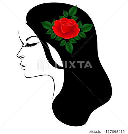 Black and white portrait of a girl in profile with a red rose in her hair. 117898413