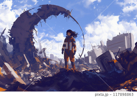 滅亡した地球を探査する宇宙服を着た女性 117898863