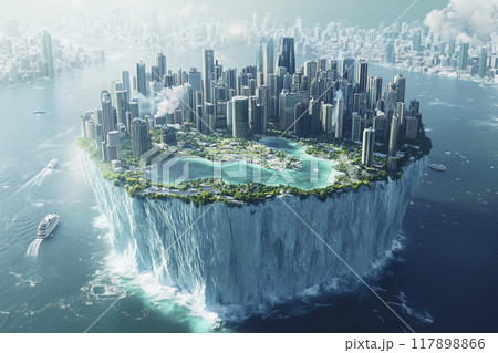 海に浮かぶ巨大な氷山の上にある都市の空撮 海に浮かぶ巨大な氷山の上にある都市の空撮 117898866