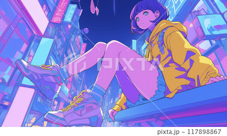 都会の真ん中に座っている少女のローアングルショット 117898867