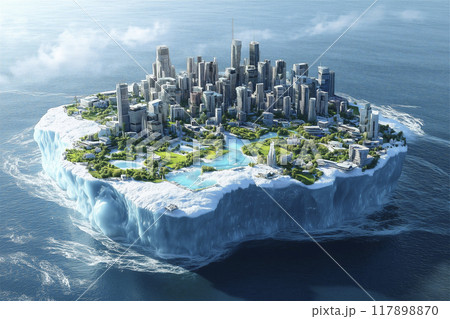 海に浮かぶ巨大な氷山の上にある都市の空撮 117898870