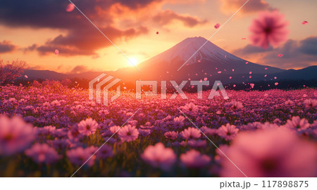 秋の絶景 富士山とコスモス 117898875