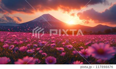 秋の絶景 富士山とコスモス 秋の絶景 富士山とコスモス 117898876