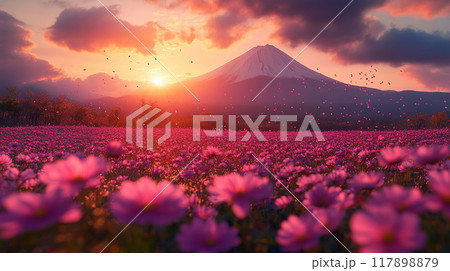 秋の絶景 富士山とコスモス 秋の絶景 富士山とコスモス 117898879