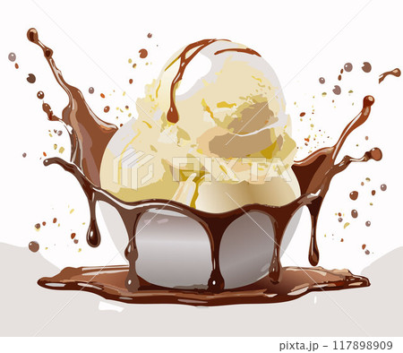 Vanilla ice cream ball with splashes of chocolate. 117898909
