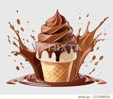 Chocolate ice cream ball with splashes of chocolate. Chocolate ice cream ball with splashes of chocolate. 117898910