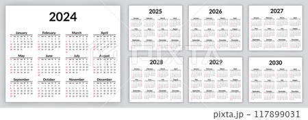 2024, 2025 to 2030 calendar set. Week starts on Sunday. Simple calendar layout. Yearly diary. Minimal stationery template with 12 months, in English. Pocket or wall formats 117899031