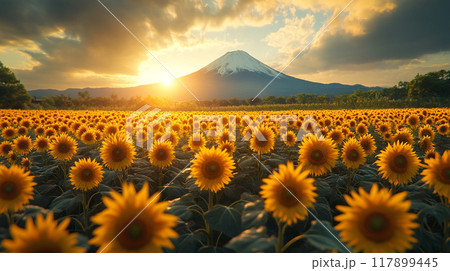 富士山とひまわり畑 夏の絶景 富士山とひまわり畑 夏の絶景 117899445
