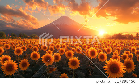 富士山とひまわり畑 夏の絶景 117899450