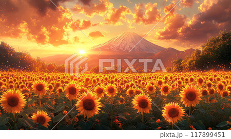富士山とひまわり畑 夏の絶景 117899451