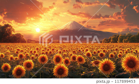 富士山とひまわり畑 夏の絶景 117899453