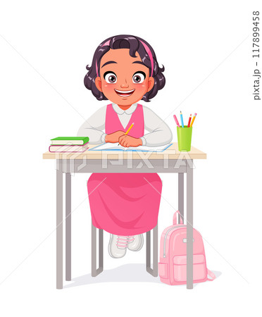 Cute little Arab school girl in uniform sitting at the desk. Cartoon vector illustration. 117899458