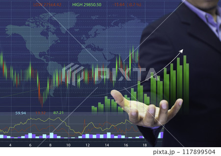 Business or trader is showing growing virtual hologram stocks, investing in trading.Business success concept . concept wealth stock investment.Business growth in the digital age. business growth. 117899504