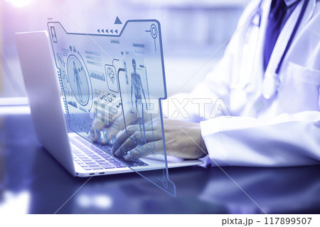 Doctor holding stethoscope works using laptop with virtual screen interface technology. Use network connect to the Internet. Medical technology diagnosis of health concept screen analysis technology.. Doctor holding stethoscope works using laptop with virtual screen interface technology. Use network connect to the Internet. Medical technology diagnosis of health concept screen analysis technology.. 117899507