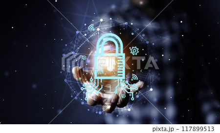 Cyber security concept protect information on internet network. Business scan keys unlock the screen with virtual screen interface to enter the network, futuristic virtual screen interface technology 117899513