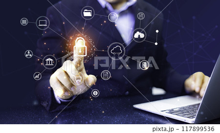 Cyber security concept protect information on internet network. Business scan keys unlock the screen with virtual screen interface to enter the network, futuristic virtual screen interface technology 117899536