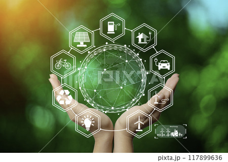 eco friendly energy. Innovation technology eco green concept. Icon bulb energy sources for renewable on green blur background.Concept with innovation inspiration. Idea innovative from the big data 117899636