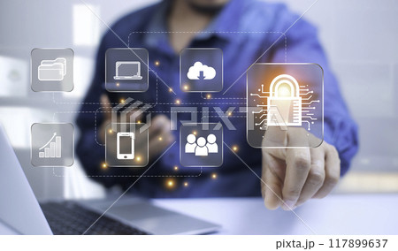 Cyber security concept protect information on internet network. Business scan keys unlock the screen with virtual screen interface to enter the network, futuristic virtual screen interface technology. Cyber security concept protect information on internet network. Business scan keys unlock the screen with virtual screen interface to enter the network, futuristic virtual screen interface technology. 117899637