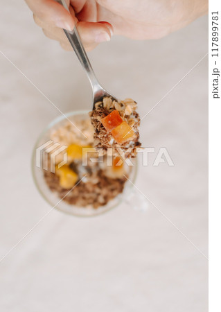 Close up of homemade yogurt snack cup. 117899781