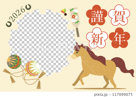 New Year's card postcard material with a photo frame illustration of the horse motif for the year of the horse in 2026, Japanese style 117899875