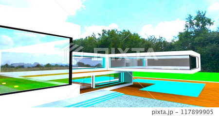 Beautiful high-tech country house with a pool on a green meadow, set against a dense forest backdrop. Cantilevered second-floor structures. 3D rendering. 117899905