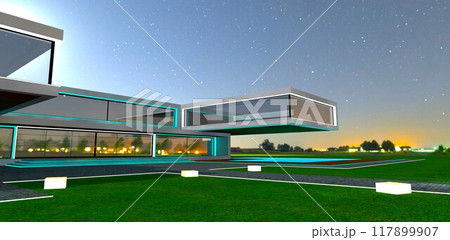 Cantilevered structures of trendy luxury housing against the backdrop of a mysterious pre-dawn sky. 3D rendering. 117899907