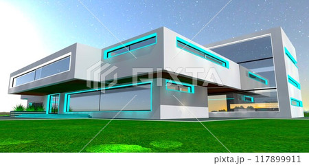 Cubist box-like structures of private luxury country housing at night. 3D rendering. 117899911