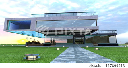Pedestrian walkway paved with gray concrete tiles leading to the main entrance of a luxury club hotel with a suspended glass pool. 3D rendering. 117899918
