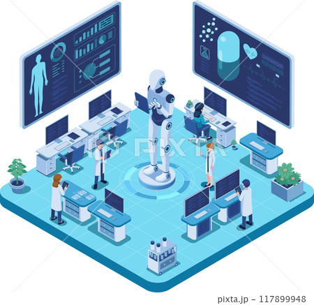 Isometric AI Robot Assisting Team of Medical Professionals In Lab 117899948