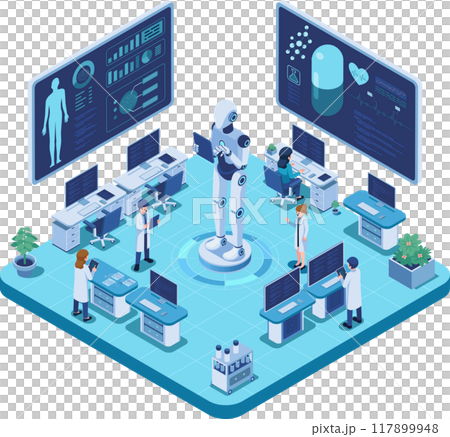 Isometric AI Robot Assisting Team of Medical Professionals In Lab 117899948