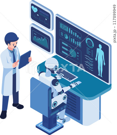 Isometric Doctor Analyzes Patient Health Data with AI Robot 117899949