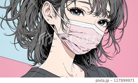 使い捨て不織布マスクをつけた若い女性