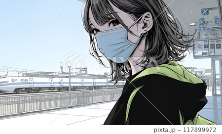 使い捨て不織布マスクをつけた若い女性