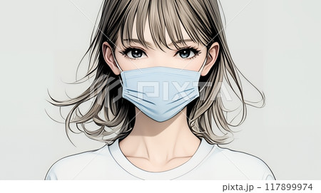 使い捨て不織布マスクをつけた若い女性