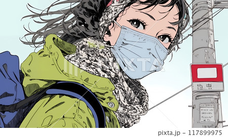 使い捨て不織布マスクをつけた若い女性
