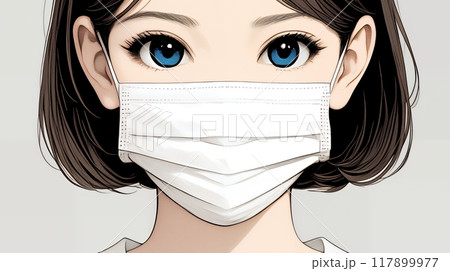 使い捨て不織布マスクをつけた若い女性