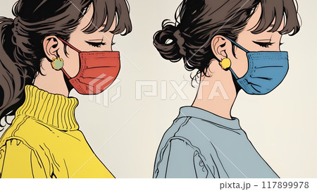 使い捨て不織布マスクをつけた若い女性