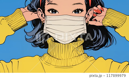 使い捨て不織布マスクをつけた若い女性