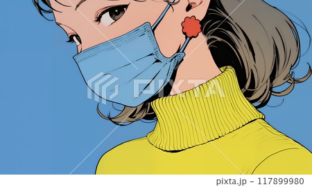 使い捨て不織布マスクをつけた若い女性
